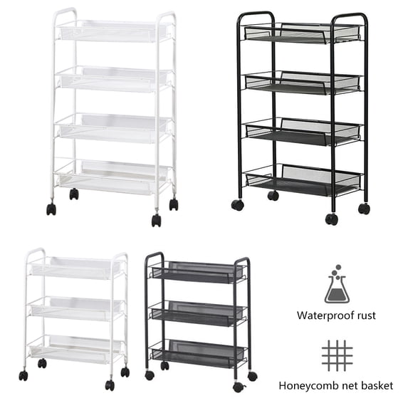 PENGXIANG 4-Tier Rolling Storage Organizer Mobile Utility Cart with Locking Wheels and 4 Hooks for Kitchen Bathroom Laundry Office Balcony Living Room, Black