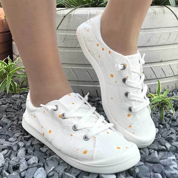 Women Daisy Floral Print Canvas Sneakers, Lightweight Breathable Lace Up Walking Flats Non Slip Rubber Sole Casual Daily Shoes