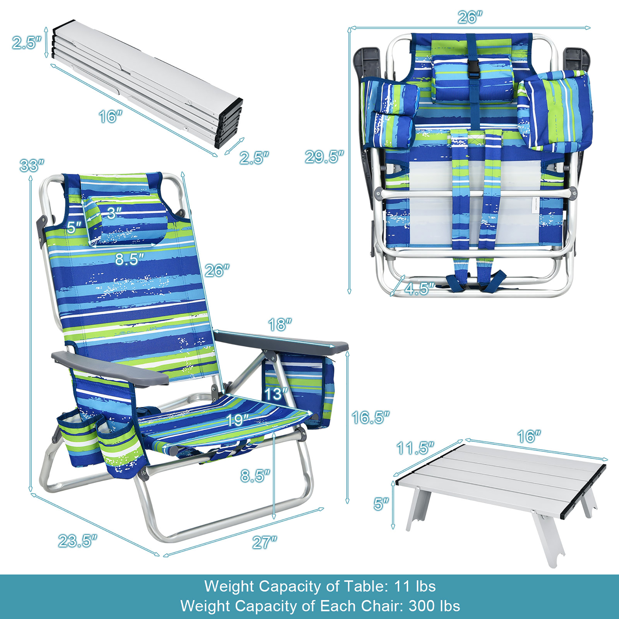 Costway 2-Pack Folding Backpack Beach Chair Table Set 5-Position Outdoor Reclining Chair Blue - image 3 of 10