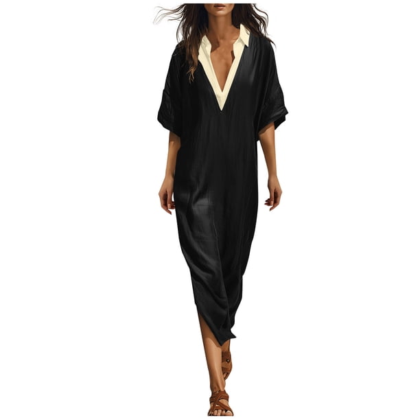 asdoklhq Black Formal Dresses For Women Black Dress For Funeral Cotton V-Neck Colorblock Linen Short Sleeve Dress With Side Split And Contrast Collar Black S
