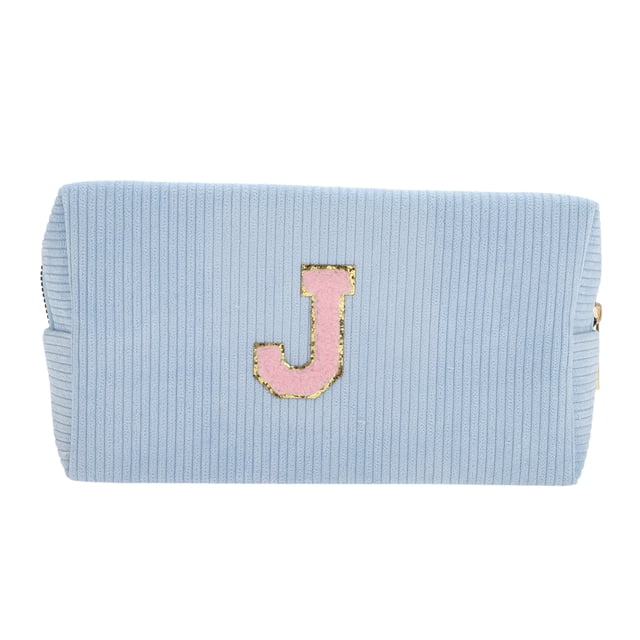 Bolsas de maquillaje rectangulares de terciopelo con letra J en azul cielo, 1 pieza