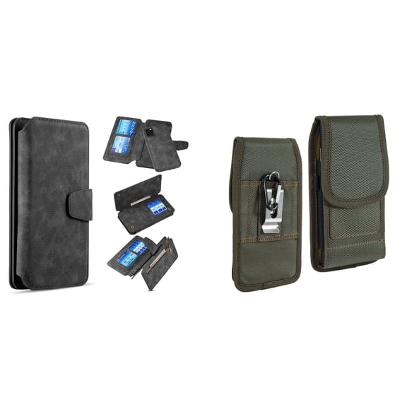 Clutch Wallet Detachable Case and Belt Holster Pouch for iPhone 14 Plus (Black/Green)