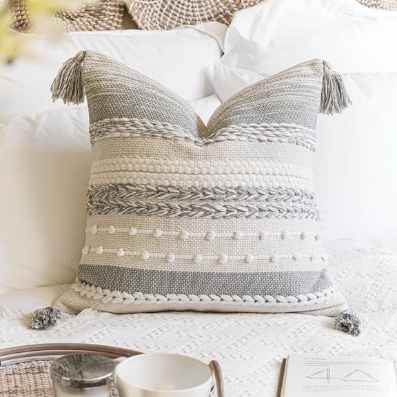 BlissBlush Gray Boho Decorative Throw Pillow Cover 20x20 Square Farmhouse Accent Cushion for Couch Sofa Livingroom Bedroom Pillowcase Modern Home Décor (Pack of 1)