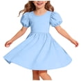 thumbnail image 2 of MKOSPLRT Girls Puff Short Sleeve Summer Dress Kids Casual Crew Neck Cross Back A-Line Dresses Solid Knee Length Dress Blue 14-15 Years, 2 of 8