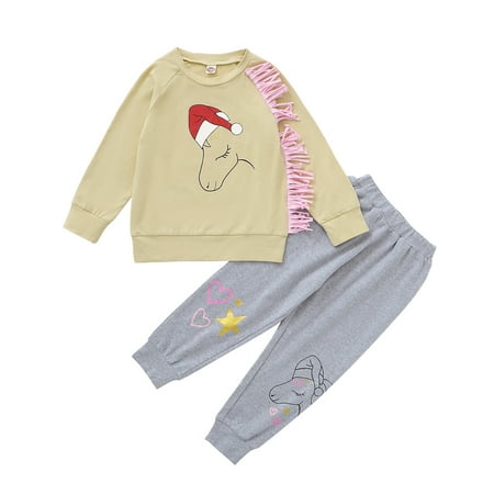 

NZRVAWS Baby Girls Outfits Unicorn Print Tassel Long Sleeve Round Neck Top +Pants 2Pcs Clothes Set 12-24 Months Yellow