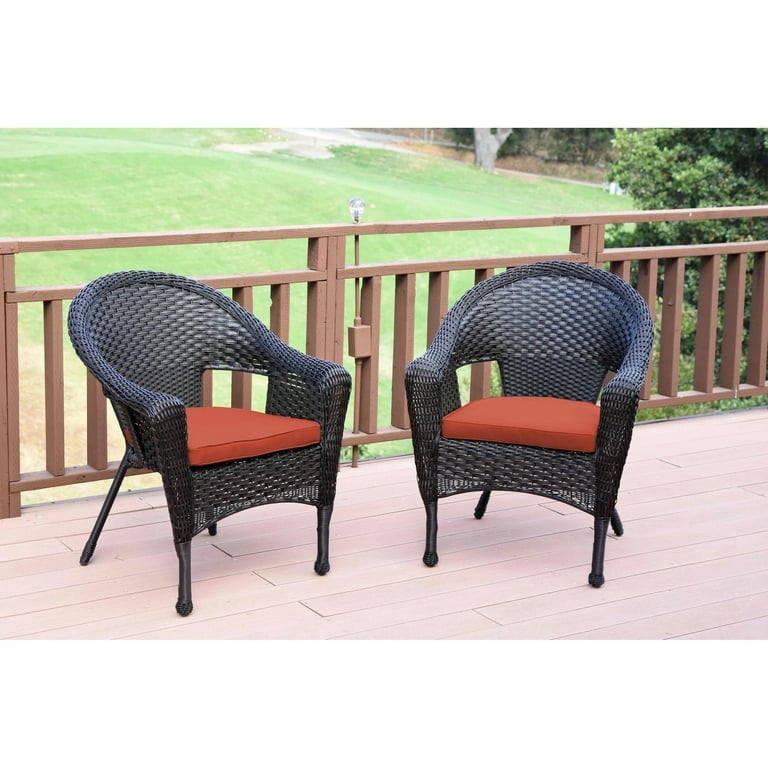 Jeco Wicker Collection 2 Piece Plastic Frame Patio Chairs with Cushions Brown and Midnight Blue