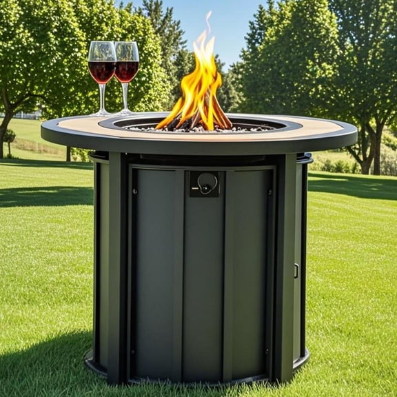 POVANLI 30" Propane Gas Fire Pit Table, 50000 BTU Round Steel Fire Pit with Ceramic Tabletop for Outside Patio Deck Garden Backyard- Black
