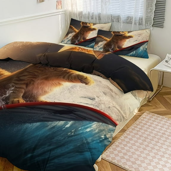 Surfing Cat Bedding Set with Zipper Closure for Girls & Boys