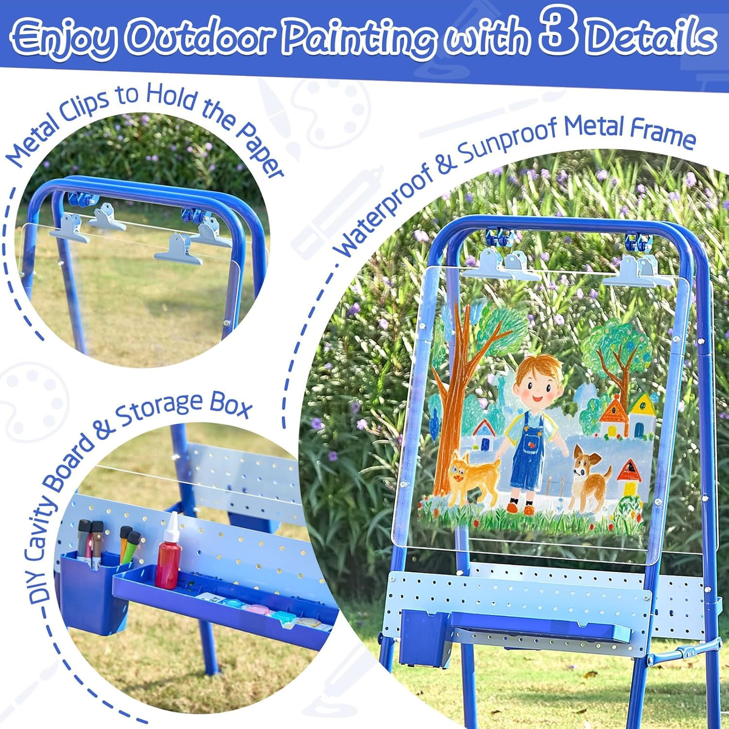 FUNLIO Foldable Outdoor Easel for Kids Aged 3+, Waterproof & Sunproof Kids Easel with 2 Acrylic Boards