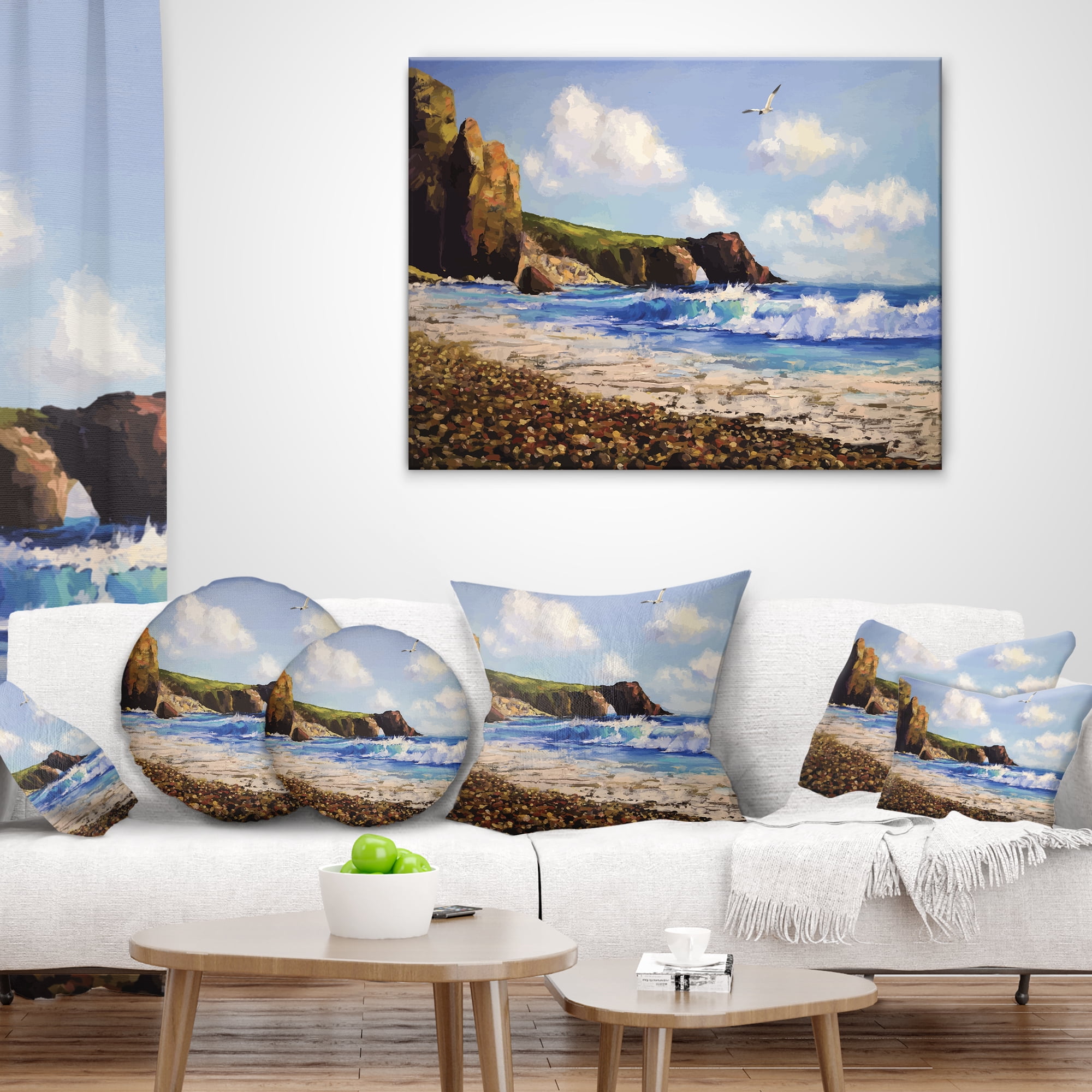 Designart Sea with Seagull - Landscape Printed Throw Pillow - 16x16