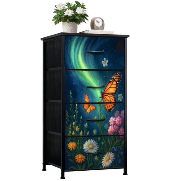 Dresser for Bedroom with 4 Storage Drawers Butterflies Night Garden Aurora Sky Dressers Chest of Drawers Steel Framed Fabric Closet Organizers for Entryway