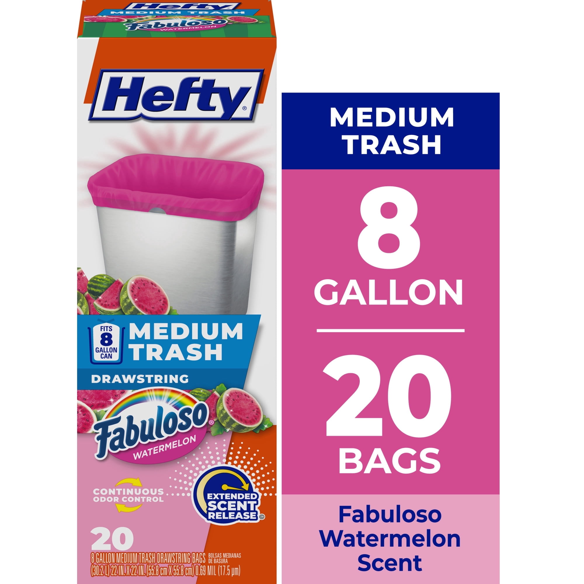 Hefty Medium Trash Bags, Pink, Fabuloso Watermelon Scent, 8 Gallon, 20 Count