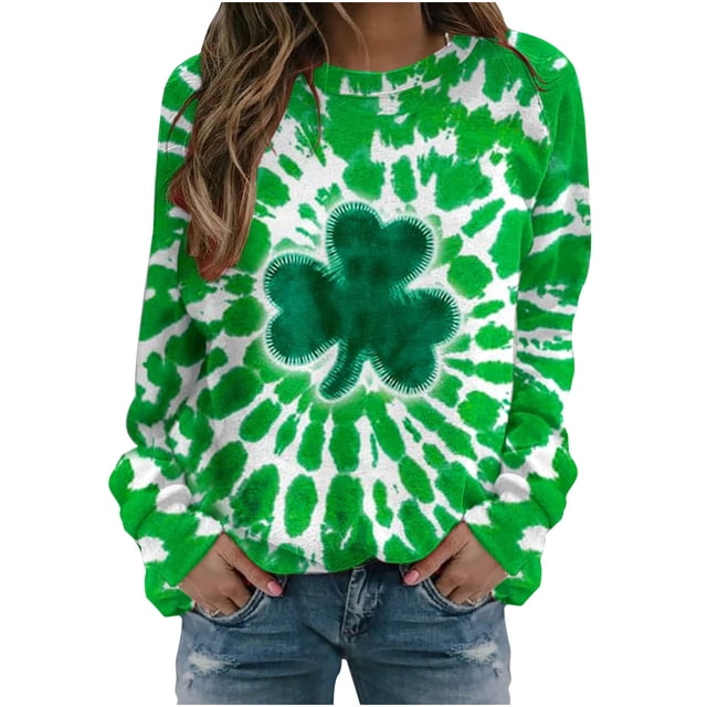 Penkiiy T-Shirts à Manches Longues pour Femmes pour la Saint-Patrick, Mode Femmes Imprimé Col Rond T-Shirt à Manches Longues Imprimé Chandail en Molleton Blouse Tops L Vert