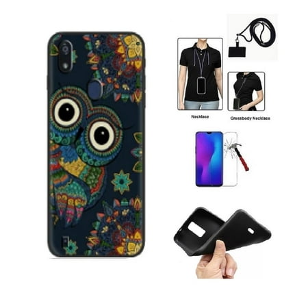 Phone Case for Consumer Cellular Verve Connect Z6103, Flexible Soft TPU Gel Cover + Lanyard Crossbody Necklace/ Tempered Glass (Owl)