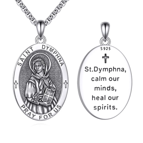 YAFEINI Saint Dymphna Necklace for Women Men 925 Sterling Silver St Dymphna Pendant Medal Christian Jewelry Gifts for Family Friends Religious Protection Amulet (Oval)