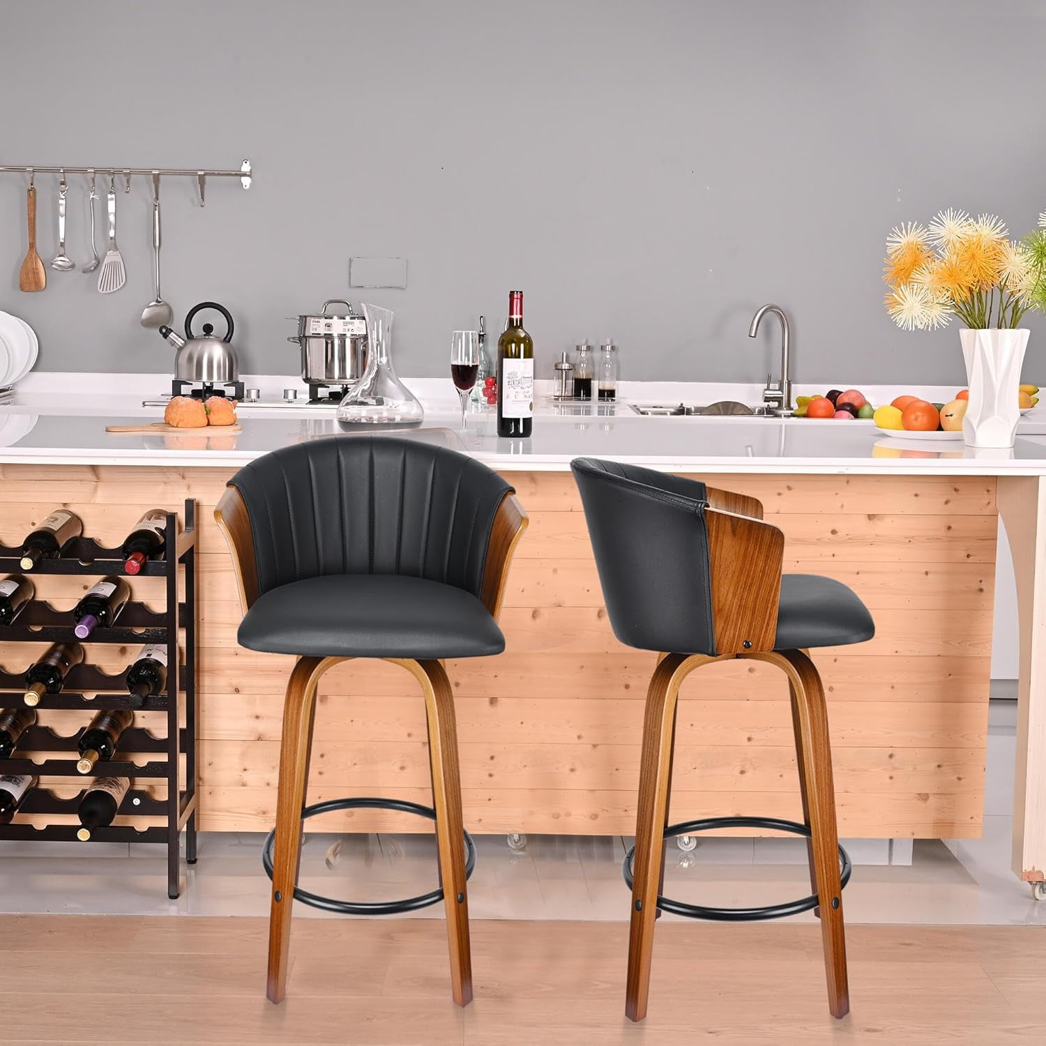 Swivel Bar Stools Set of with Faux Leather Upholstered Seat and