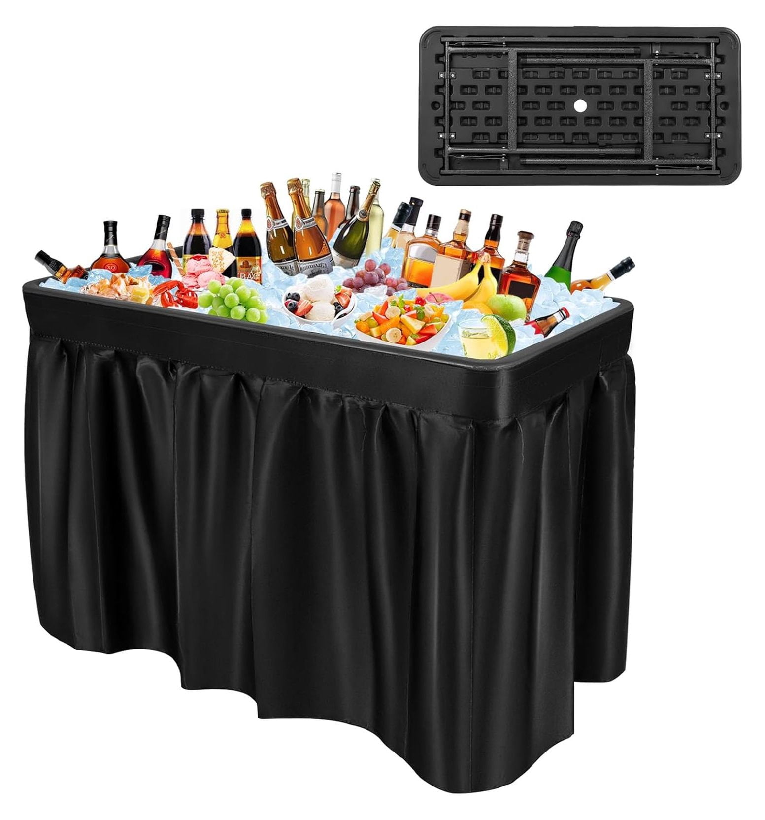 Folding Ice Cooler Table with Matching Skirt, Drain Hose & Bucket, Foldable Beverage Cooler Buffet Cooler Server, Portable Chill Table for Party, Picnic, BBQ, Camping (Black)