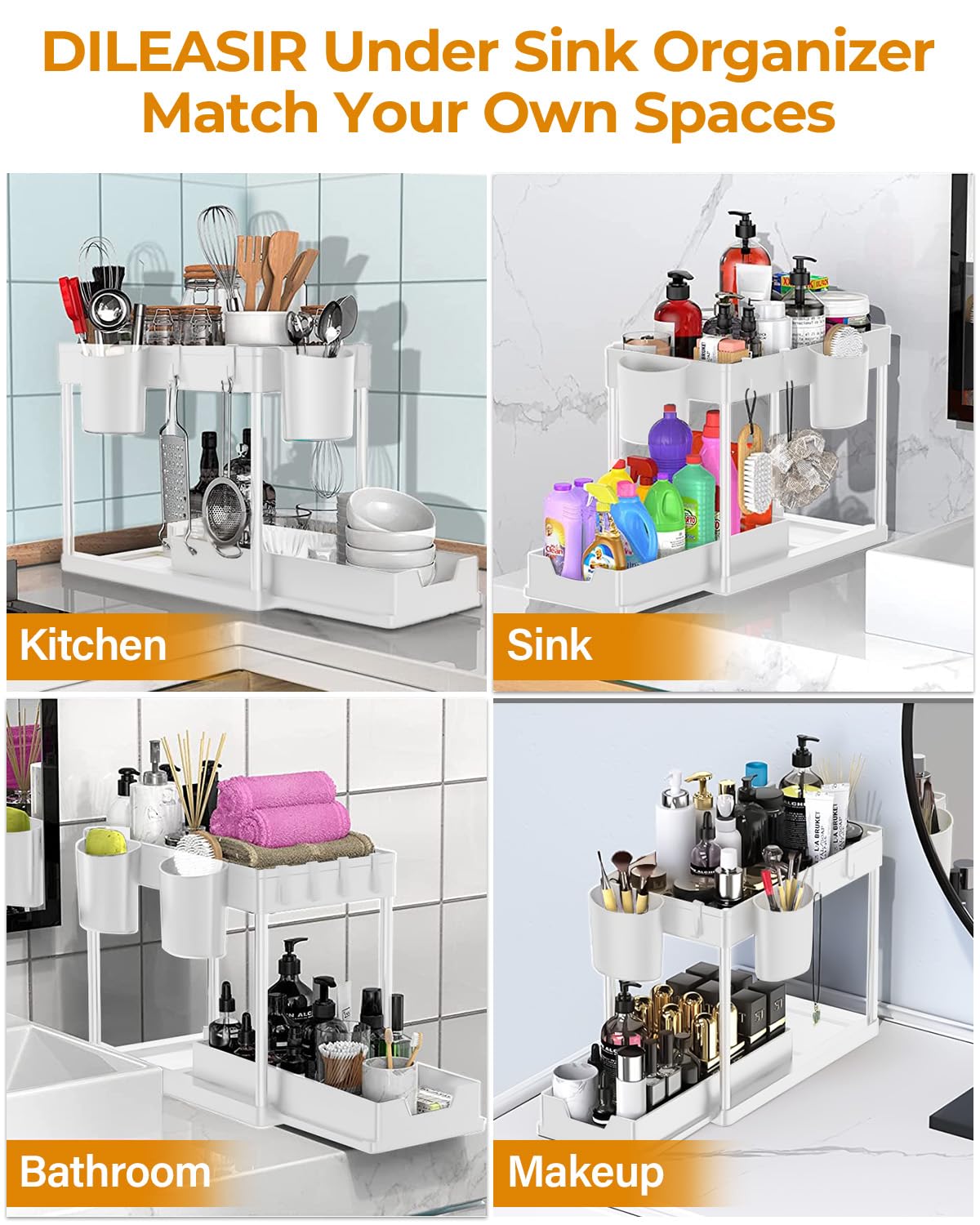 DILEASIR 2 Pack Kitchen Under Sink Organizer, with Hooks, Hanging Cup, for Bathroom, Laundry room, White