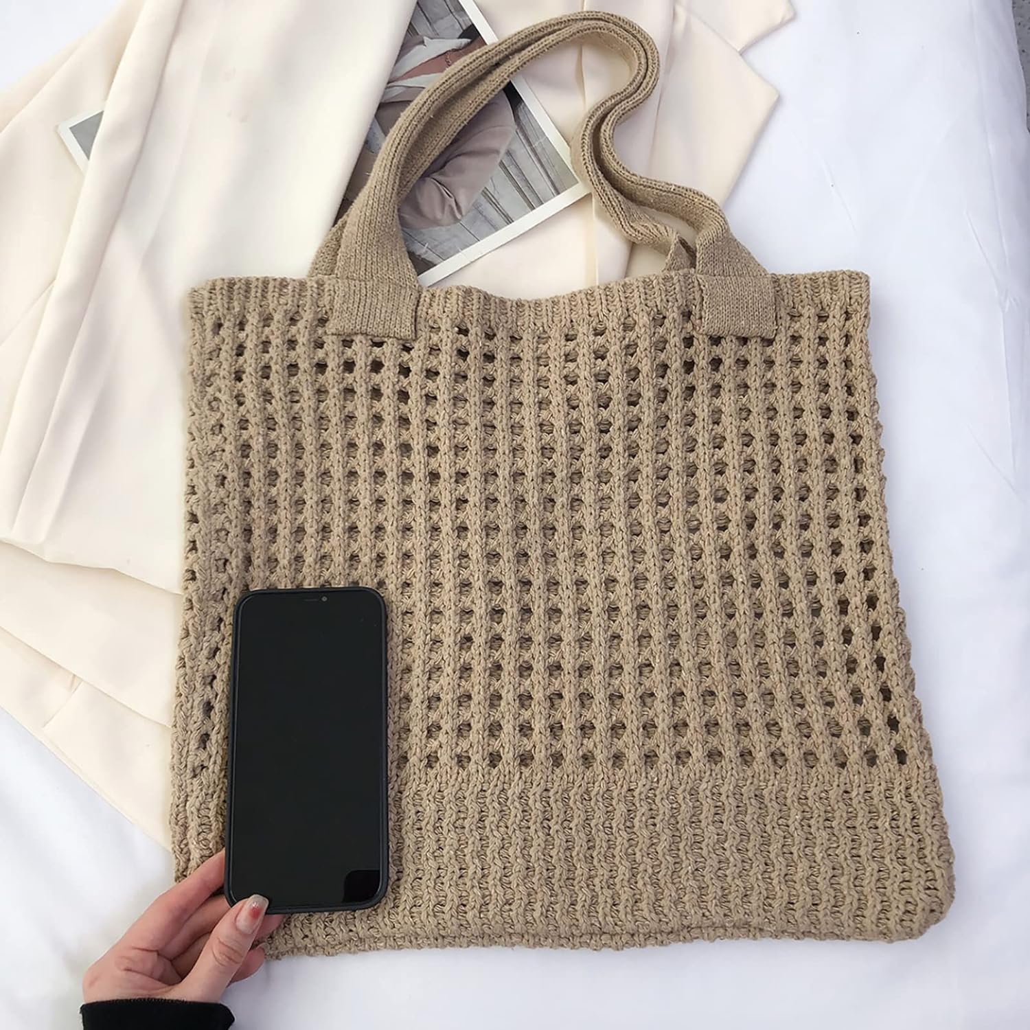 Kukuzhu Crochet Beach Bags for Women, Woven Travel Tote Fishing Net Handbag Shopping Large Hobo Shoulder Bag for for Holiday