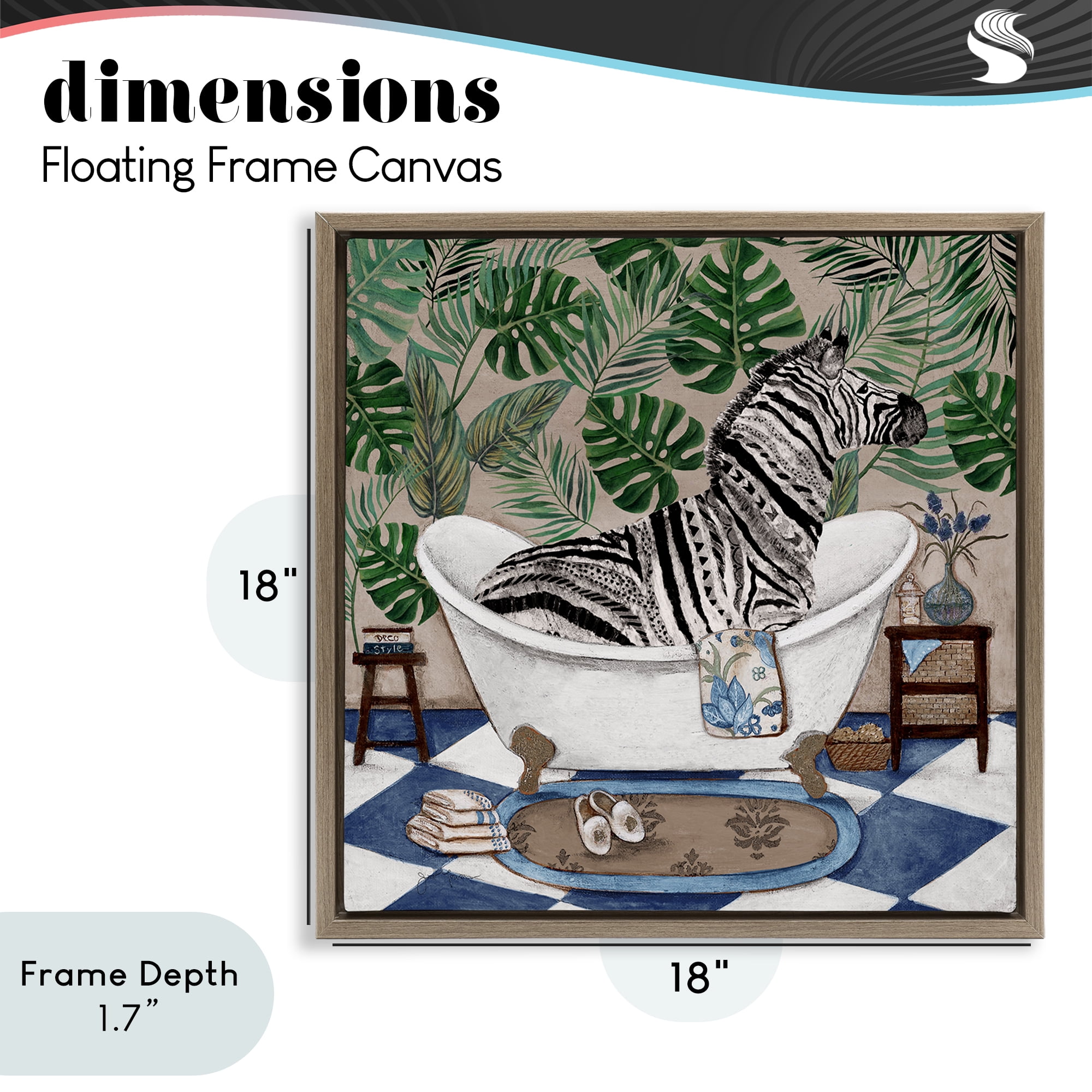 Stupell Industries Zebra in Tropical Bathtub Brown Framed Floater Canvas Wall Art, design by Janet Tava
