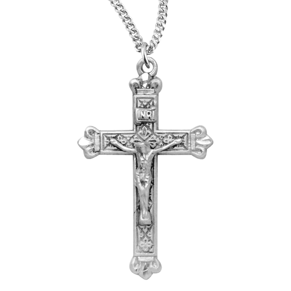 Sterling Silver Budded Tip Crucifix Pendant Necklace, Solid .925 Sterling Silver, 1.2" x 0.7", 18" Rhodium Plated Stainless Steel Chain, Made in USA- Deluxe Velvet Gift Box Included