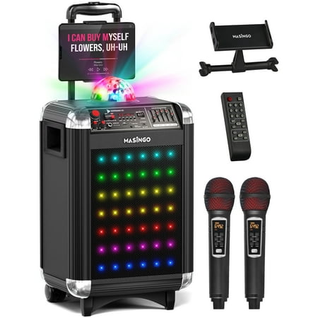 UPC: 0810101037009 | MASINGO Karaoke Machine for Adults & Kids with 2 UHF Wireless Microphones – Portable Singing PA Speaker System w/Two Bluetooth Mics Party Lights Lyrics Display Holder & TV Cable – Soprano X1 Black