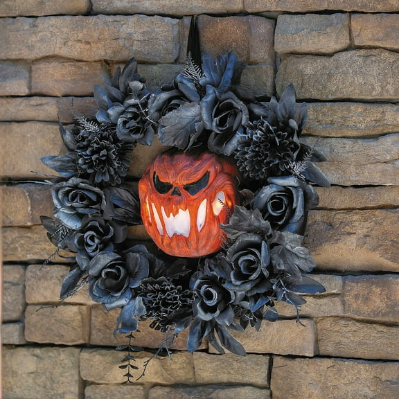 ATC Black Floral Wreath with Light-Up Pumpkin Halloween Decoration