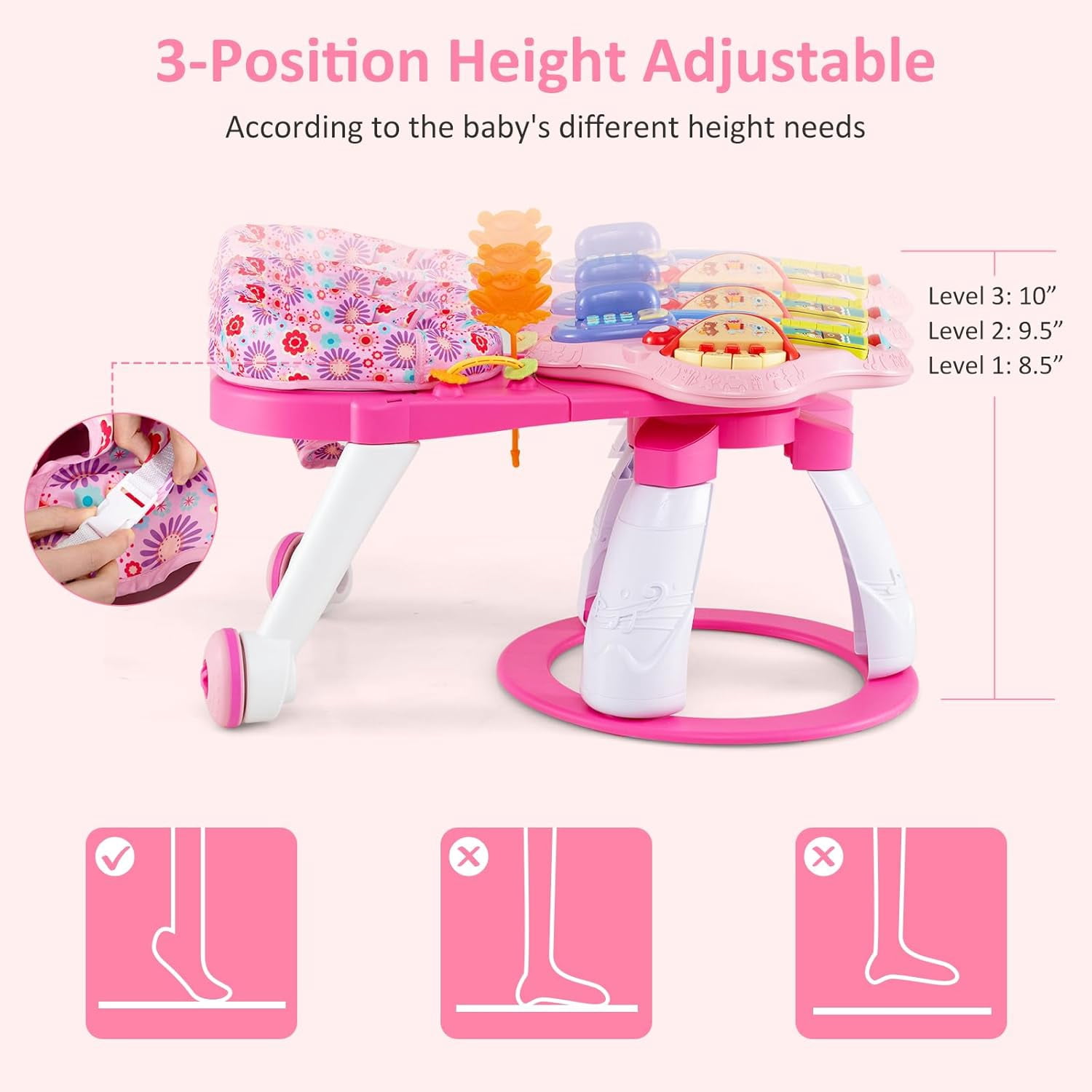 OLAKIDS 3 in 1 Walk Around Baby Activity Center, Baby Walker with Play Table, Wheels, Detachable Seat Cushion, 3 Adjustable Heights, Learning Toys for Boys Girls Aged 6-36 Months