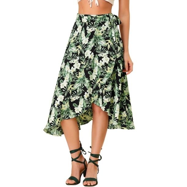 Falda Cruzada Allegra K a Media Pierna Floral Hawaiana Tropical Bohemia Para Mujer Negro XL