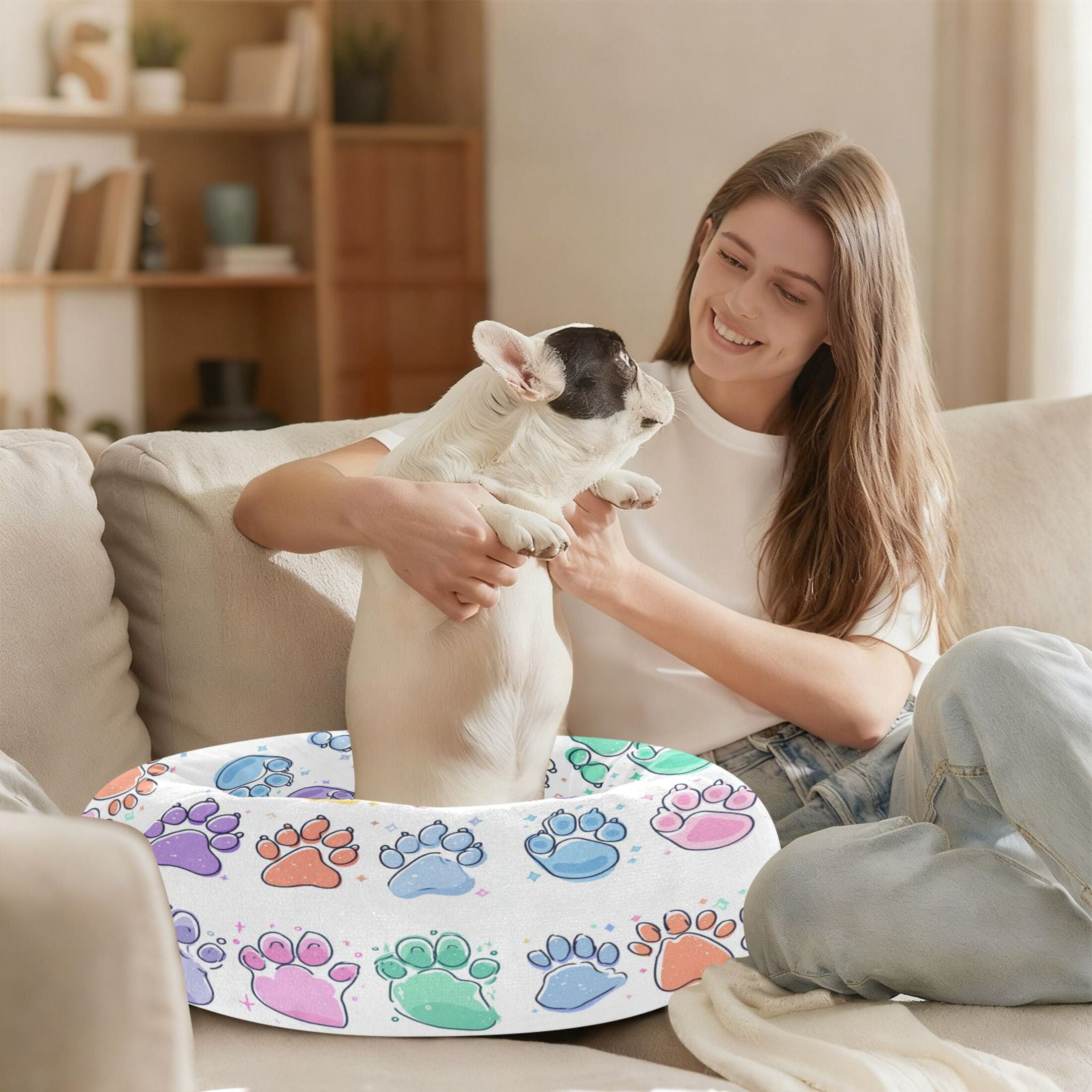 Iauyy Pet Couch Donut Cat Bed for Indoor Cats/Small Dogs Washable & Machine with Non-slip Bottom Calming Cat Furniture, Colorful Cat Paws (S)