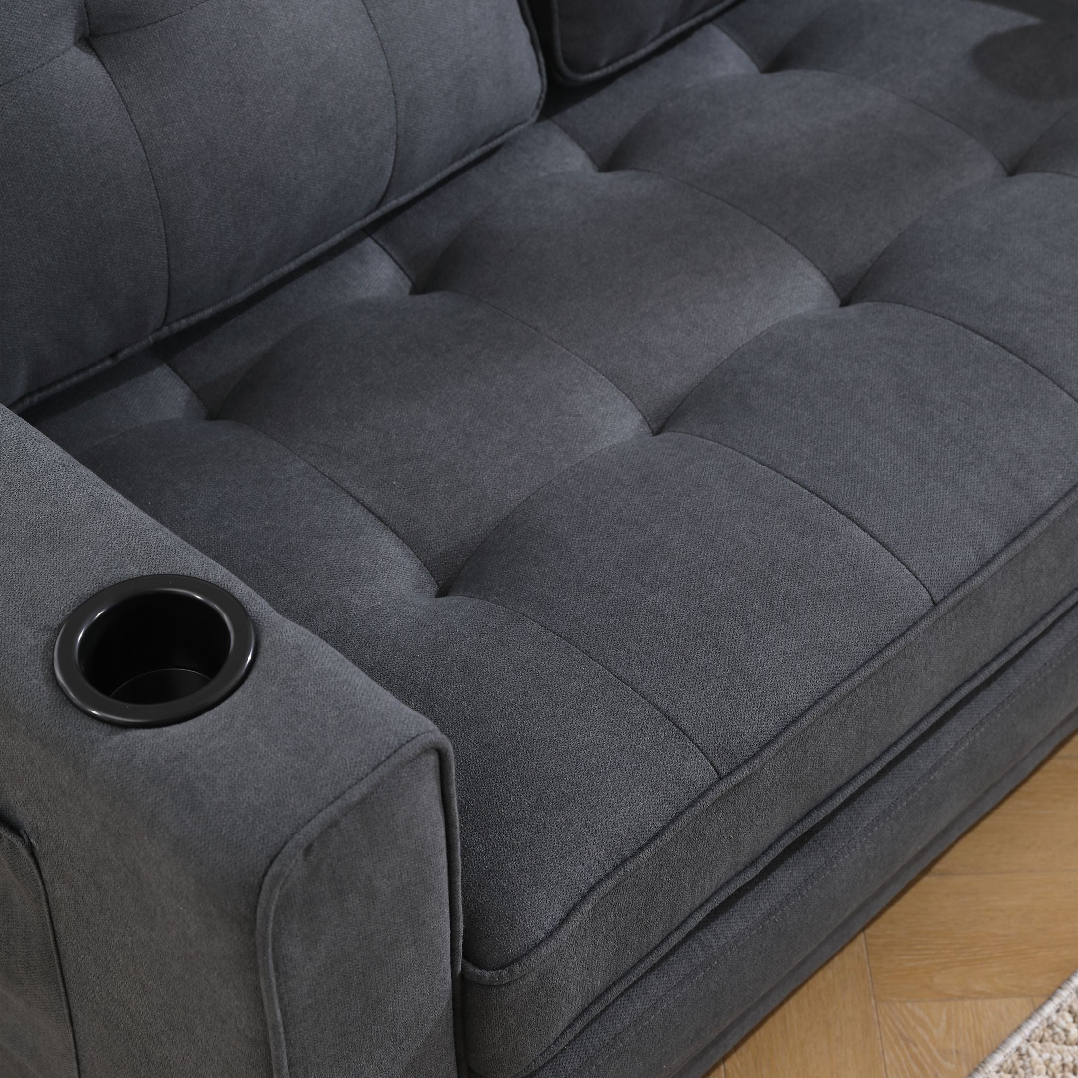 UHOMEPRO Convertible Futon Sofa Bed, Pull Out Loveseat Sleeper Sofa with Side Pockets and Cup Holders, Comfy 3-in-1 Foldable Sofa Couch, Upholstered Floor Couch for Living Room Apartment, Dark Gray