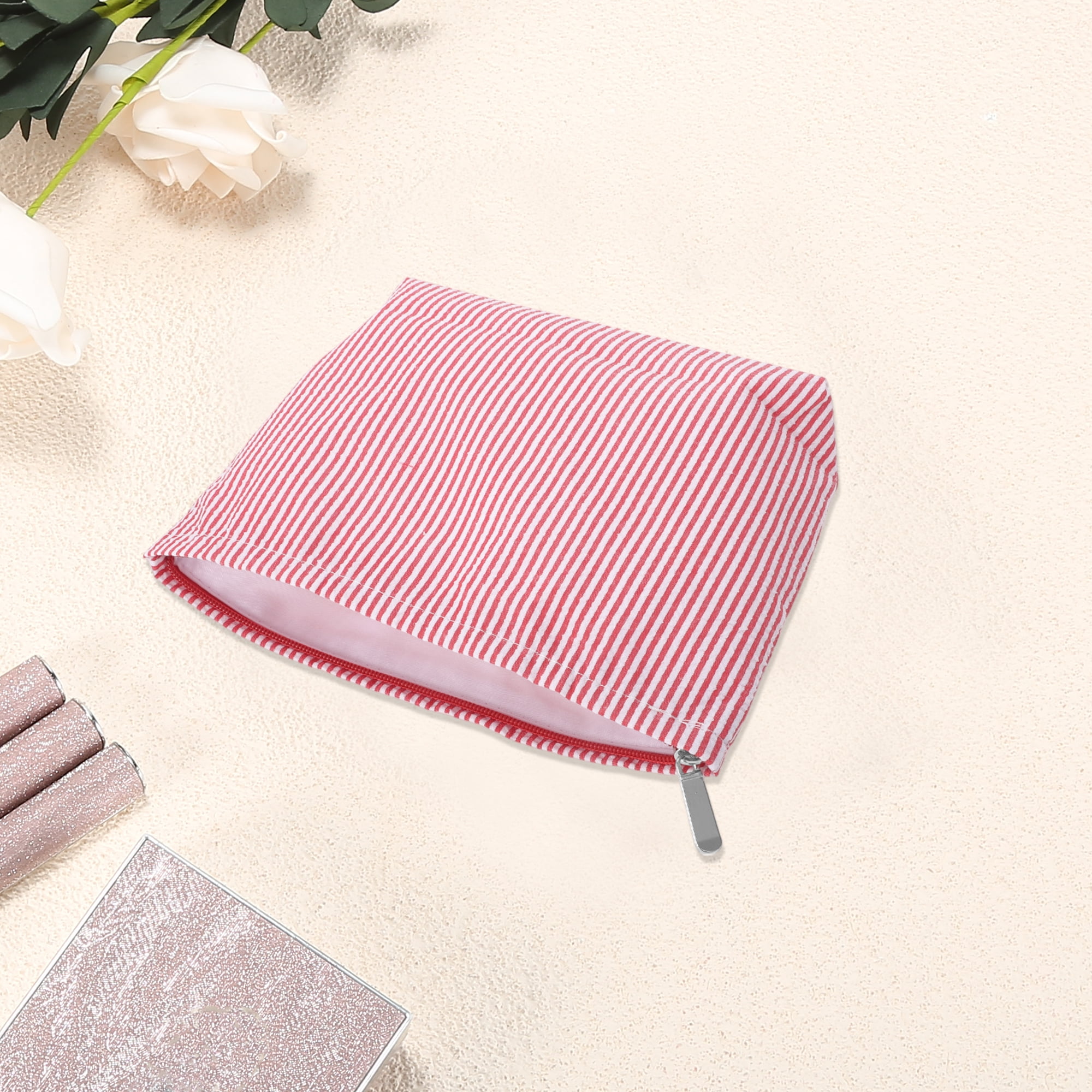 Unique Bargains 1 Pc Seersucker Stripes Makeup Bag Red, White