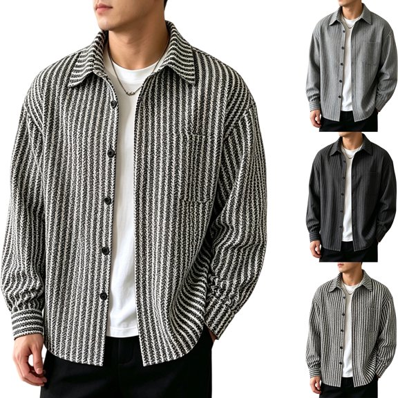 IAJDKMEK Men's Vintage Herringbone Striped Shirt-Jacket - Collared Long-Sleeve, a Casual Button Up Shirt and Long Sleeve Jacket for Men