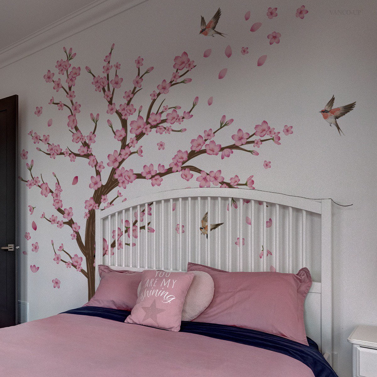 Cherry Blossom Tree Wall Stickers Decals Peel and Stick Removable Wall Stickers for Kids Nursery Bedroom Living Room décor Floral Bird Furniture Art Baby Birch