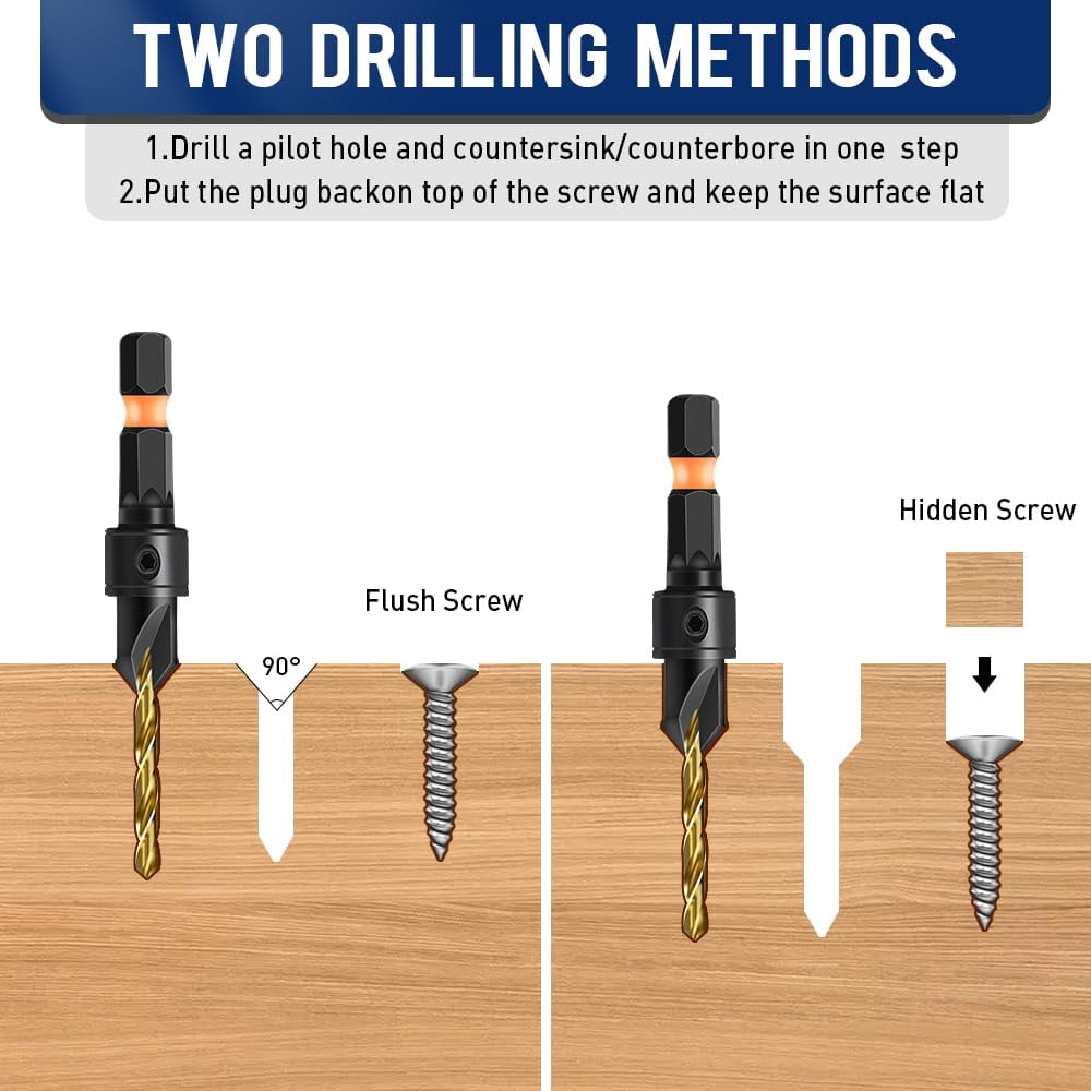 FRKSMD-#4 Countersink Drill Bit Set for Wood, 12Pcs Adjustable Counter Sink Drill Bit with Magnetic Extension Bit Holder and 1/4” Hex Shank Quick Change for Woodworking