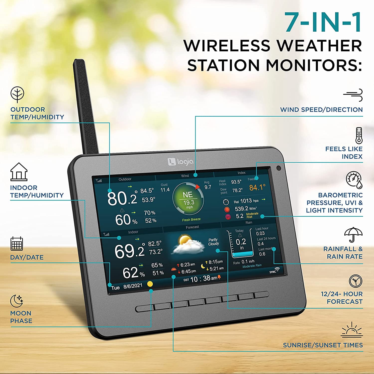 Logia 7-in-1 Wireless Self-Charging Weather Station with Wi-Fi, Solar Cell & 7” LCD HD Display