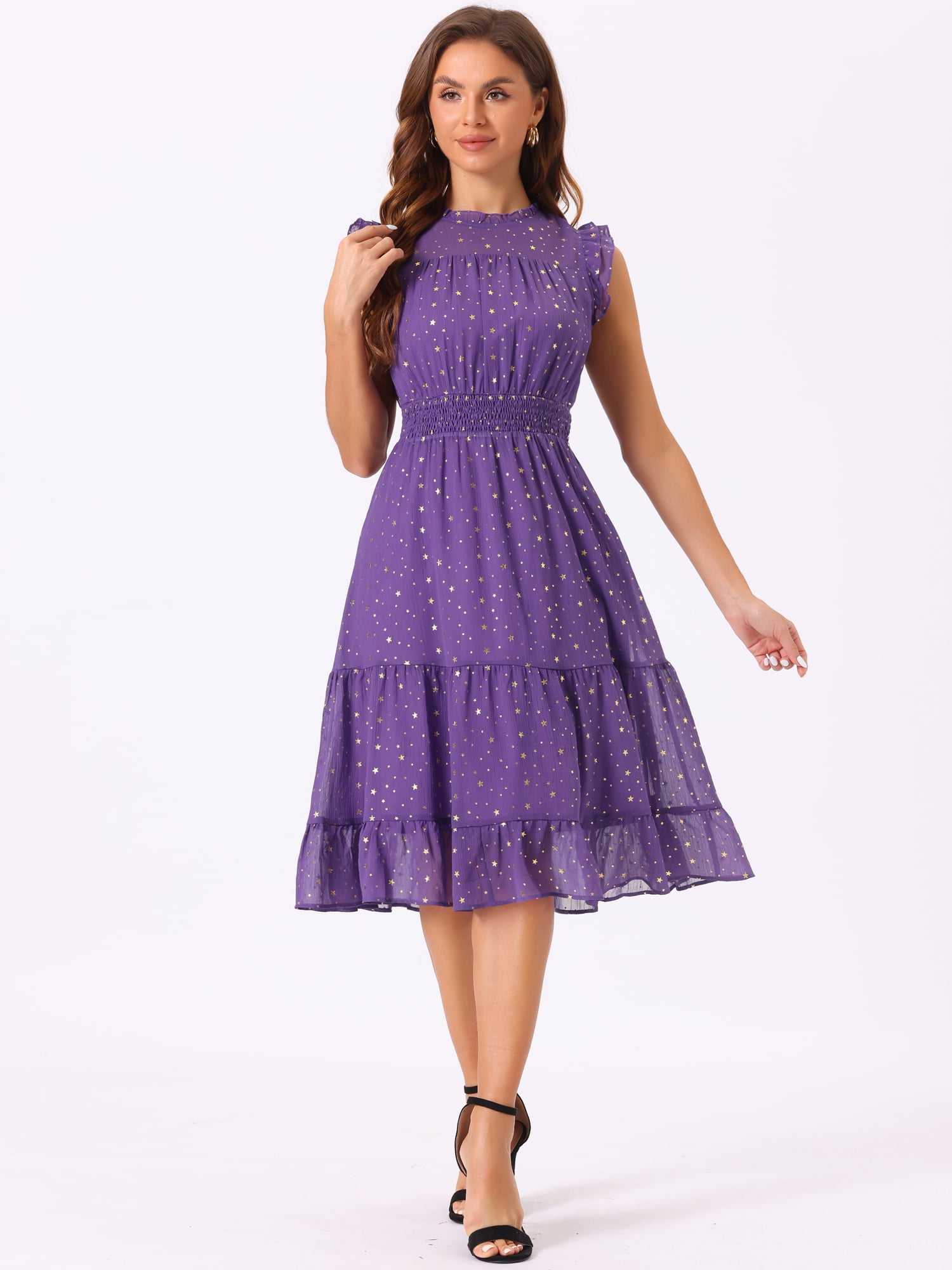 DARING DIVA Smocked Waist Gilding Metallic Stars Chiffon Dress XL Purple