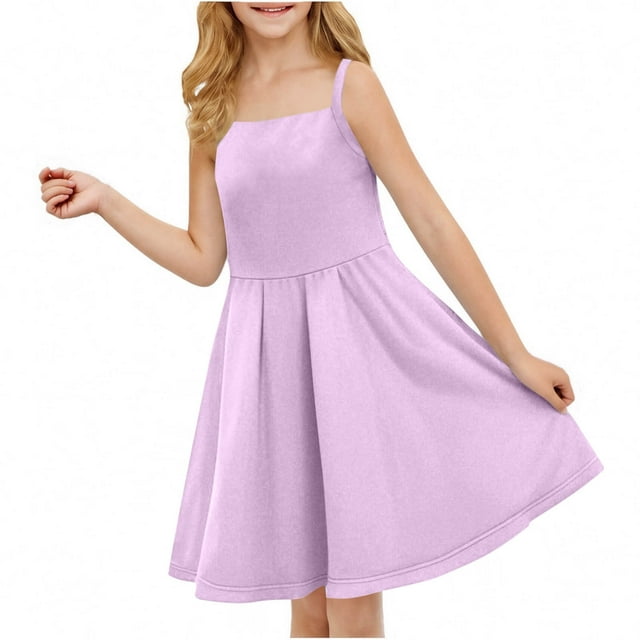 Tranfacy Robe d'Été pour Filles, Robe Camisole pour Filles, Robe Sans Manches Extensible Ligne A Évasée Patineuse pour Récital d'École Robe à Manches Courtes à Col Rond