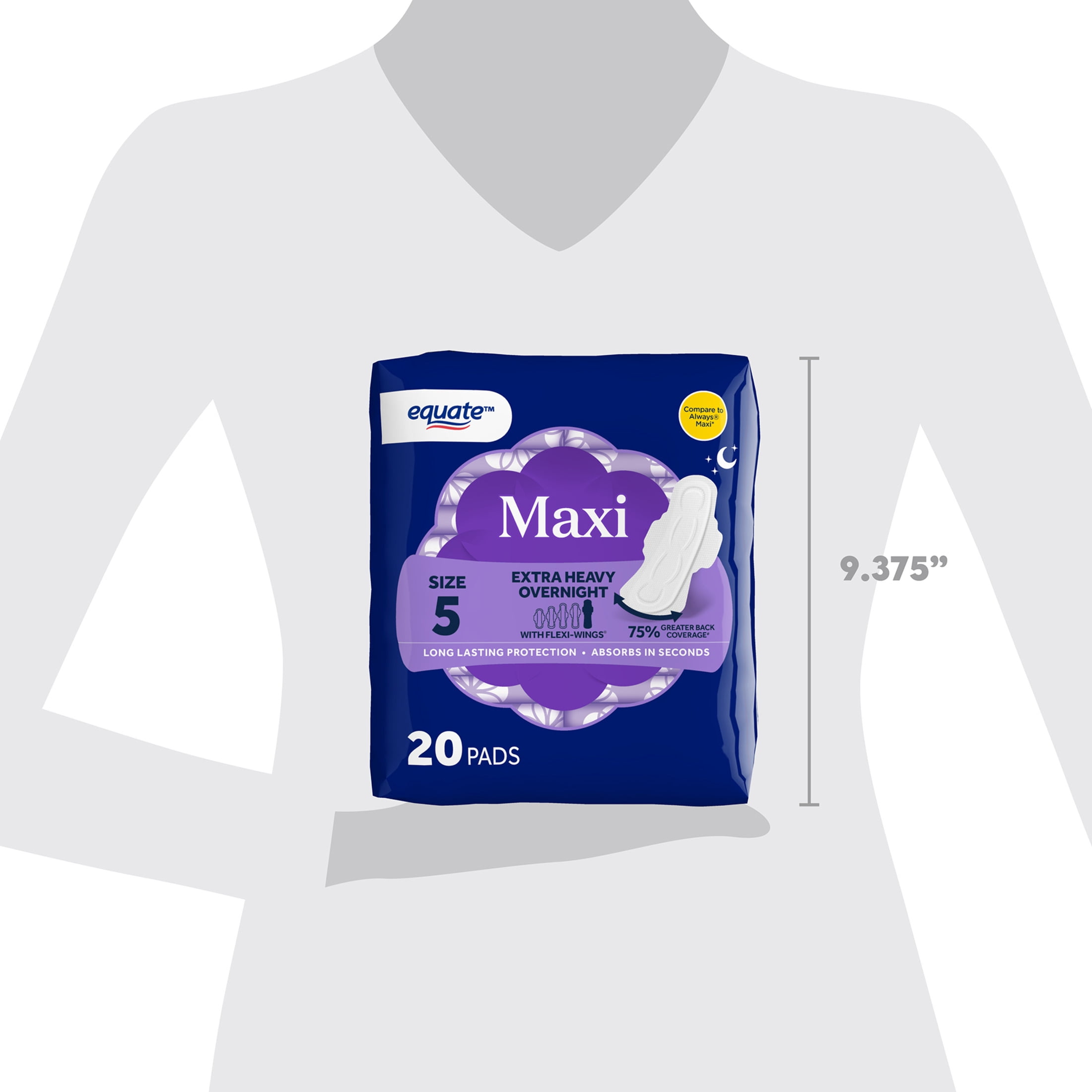 Equate Maxi Pads with Flexi-Wings, Extra Heavy Overnight Absorbency, Size 5, 60 Count