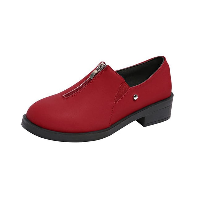 Mocassins Rouges pour Femmes à Bout Rond, Talon Bloc Bas, Fermeture Éclair, Accent, Confortables, Antidérapants, Décontractés, Toutes Saisons, Chaussures de Marche Quotidiennes pour Usage Quotidien, Taille 36