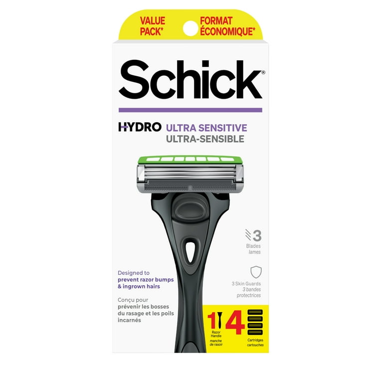 Schick Hydro Ultra Sensitive 3 Blade Razor for Men, 1 Handle + 4