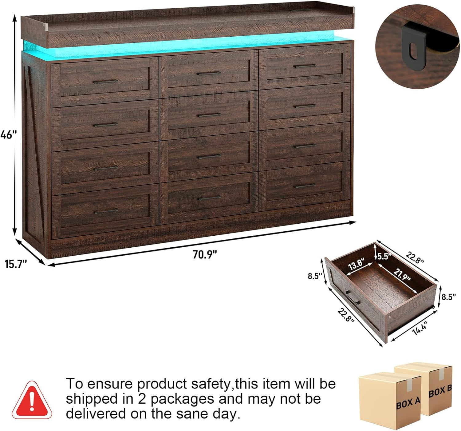 ChVans 12 Drawer Dresser with LED Light and Charging Station, 71" Wide 46" Tall Farmhouse Large Chest of Drawers for Closet, Large Wide Drawer Organizer Cabinet for Bedroom, Living Room