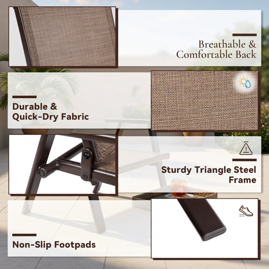 Hommoo 2-Pack Outdoor Patio Dining Chairs with Armrests, Heavy-Duty Steel Frame, Breathable Fabric, Indoor/Outdoor Use, Brown