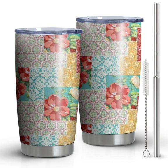 20oz Tumblers Pioneer Flower Floral Print Pattern Stainless Steel Vacuum Insulated Double Wall Travel Tumbler Cups Mug with Lid and Straw,Cleaning Brush for Cold & Hot Drinks