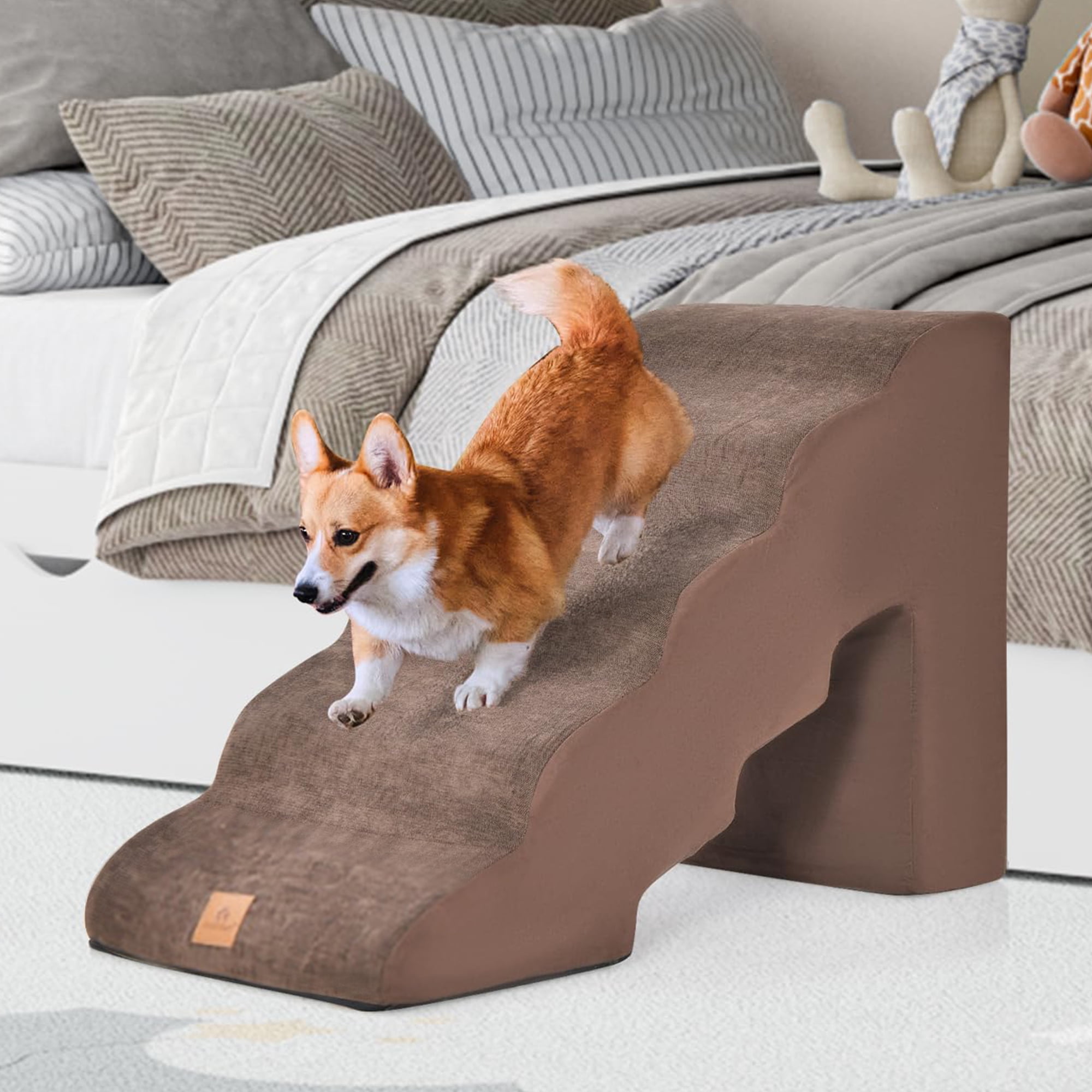 Kadyn 33" 5-Tier Pet Stairs for Small Dogs with Arch, 3-Step Dog Ramp for Beds and Couch, Non-Slip Balanced Indoor Step, Brown