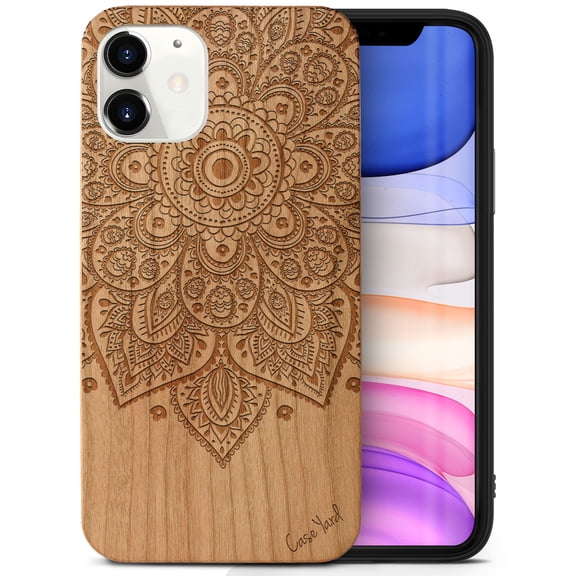 Case Yard Wooden Case Outside Soft TPU Silicone, Slim Fit Shockproof Wood Protective Phone Cover for Girls Boys Men and Women, Supports Wireless Charging Lara Mandala Design case for iPhone-12-Mini