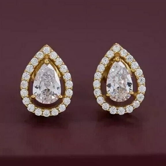 14K Yellow Gold Plated Women's Teardrop Stud Earring In 2Ct Pear Cut Diamond