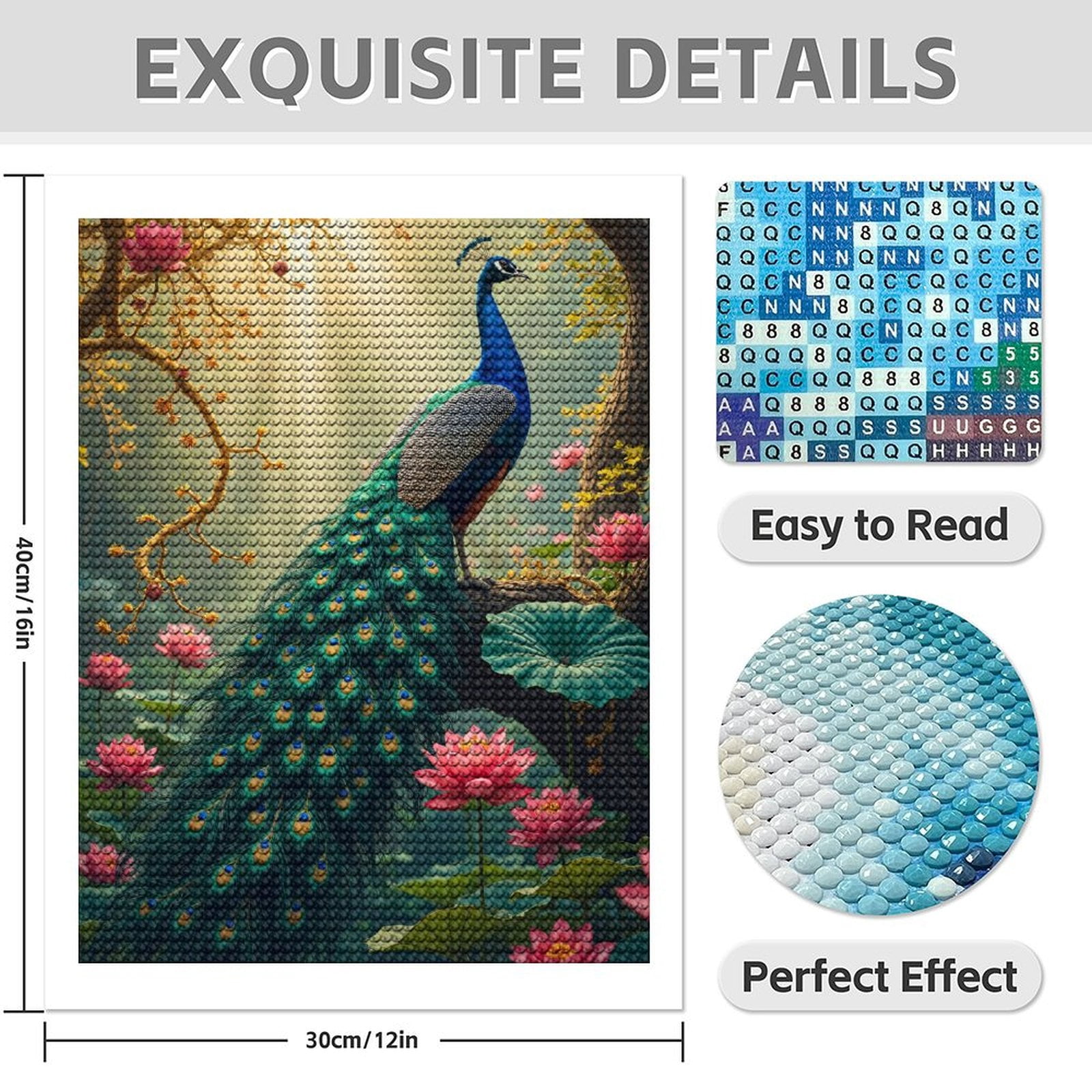 Diamond Art Kit for Adults, Peacock Garden Elegance Blossoms Diamond Painting for Adults Beginners, DIY Diamond Art Painting Kits, 5D Diamond Painting Crafts for Home Decor 12x16 Frameless