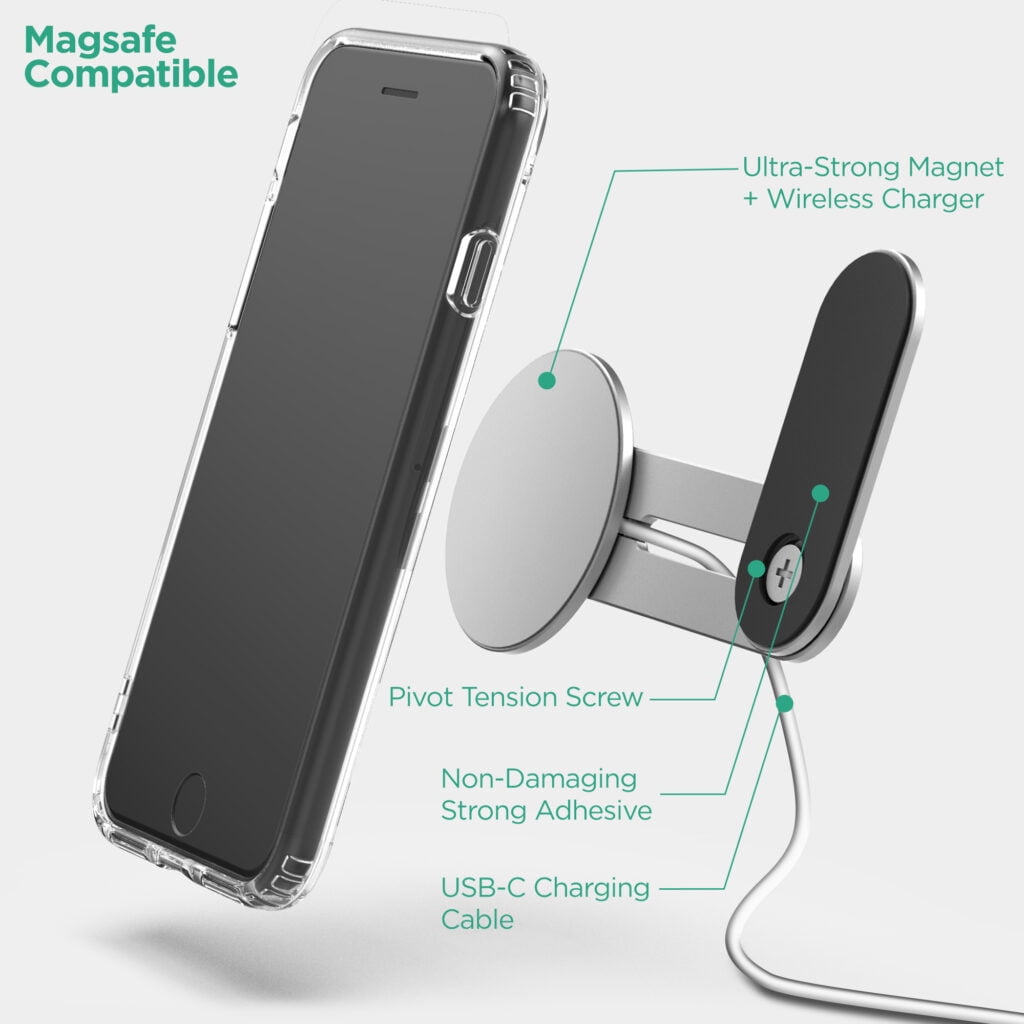 Galvanox Magnetic Wireless Charger for iPhone 12 / 13 (15W) Adjustable Desktop Holder Compatible with Magsafe Charging (Aluminum Silver)