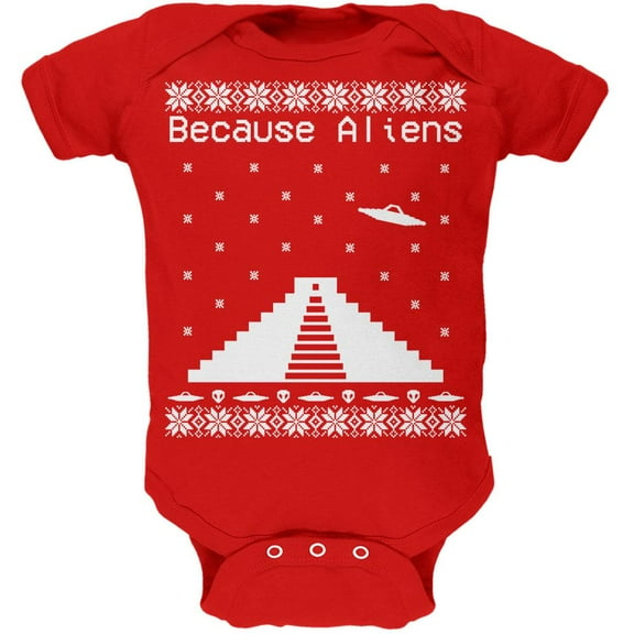 Because Aliens Pyramid Ugly XMAS Sweater Red Soft Baby One Piece - 9-12 months